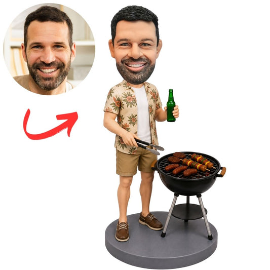BBQ Grill Master in Floral Shirt Holding Beer Custom Bobblehead