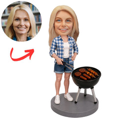 BBQ Woman in Blue Plaid Shirt at Grill Custom Bobblehead