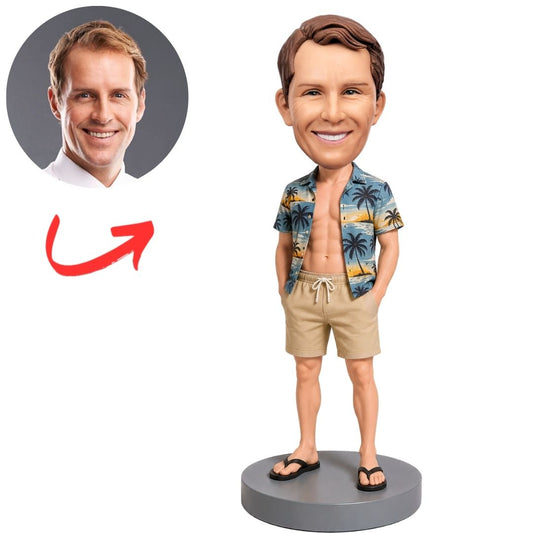 Beach Bum in Hawaiian Shirt and Flip Flops Custom Bobblehead