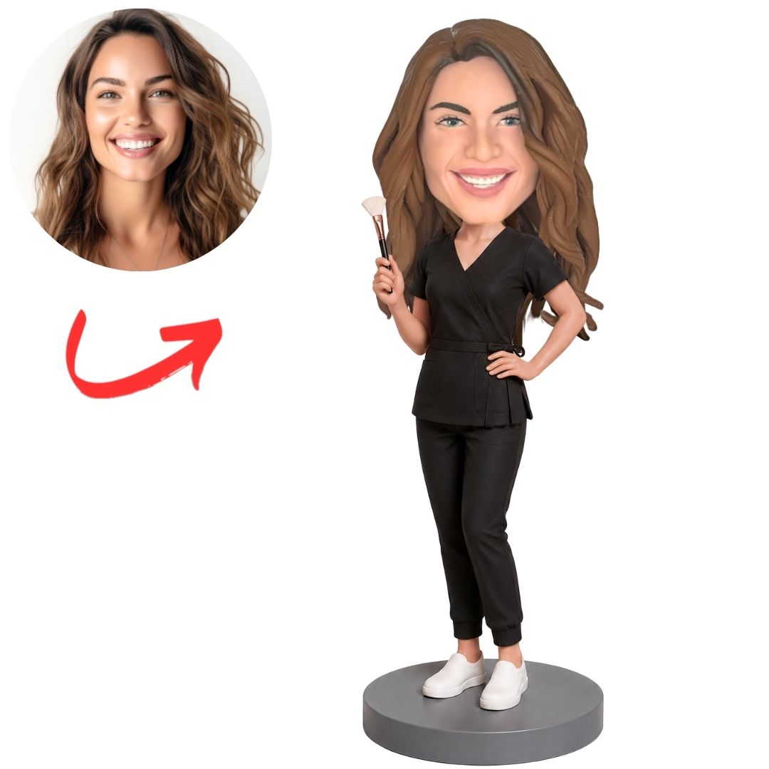 Beautician in Black Outfit Holding Hair Tool Custom Bobblehead