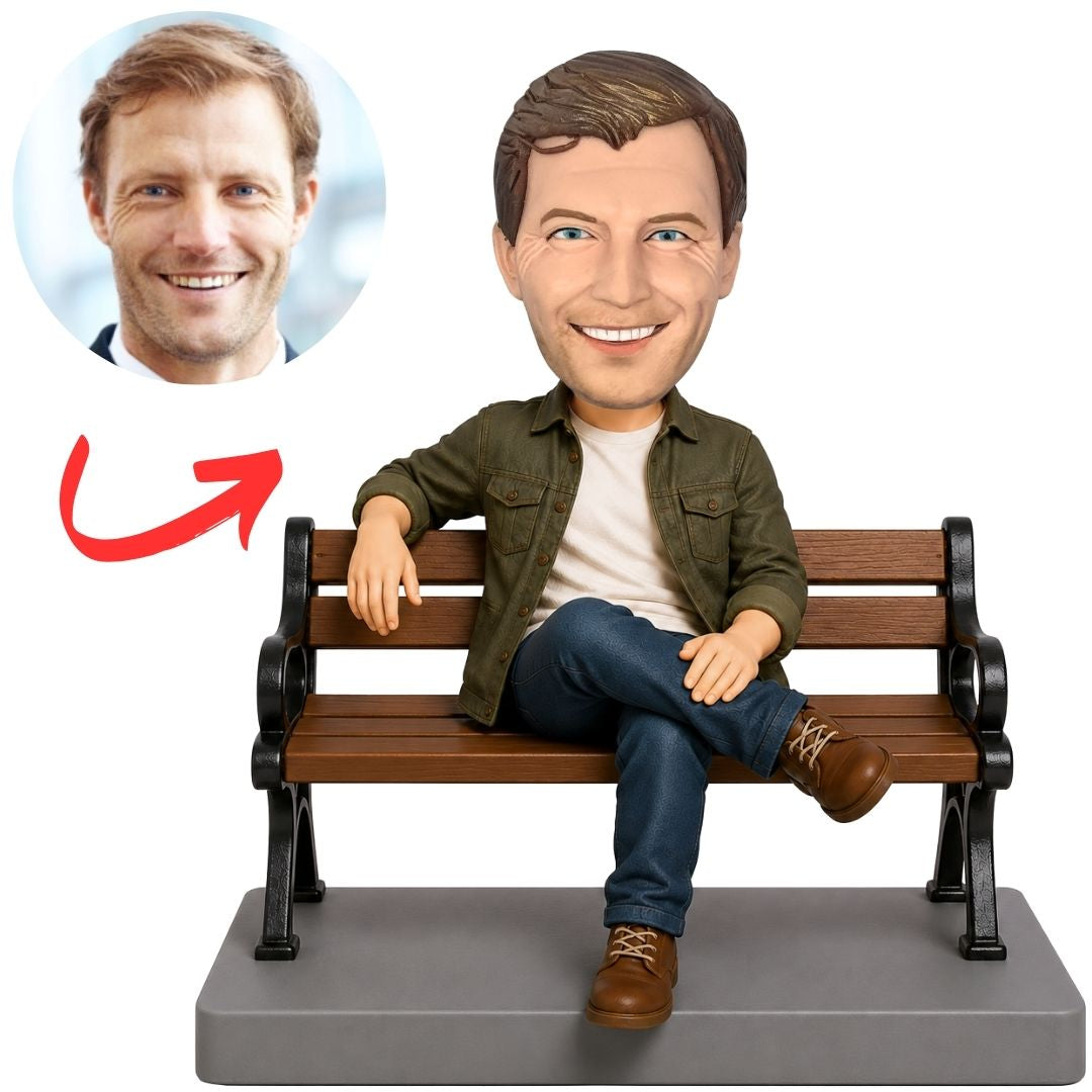 Man Relaxing on Park Bench with Crossed Leg Custom Bobblehead