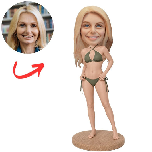 Woman in Green Bikini on Sandy Base Custom Bobblehead