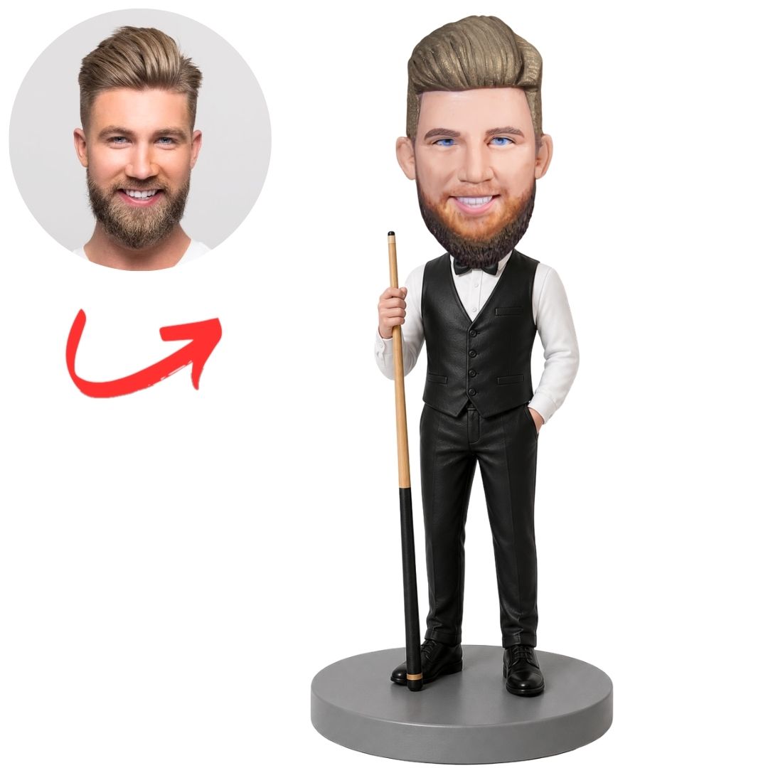 Billiards Player in Vest Holding Pool Cue Custom Bobblehead