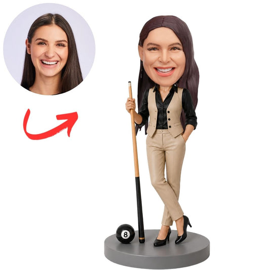 Woman Billiards Player with Cue and Eight Ball Custom Bobblehead