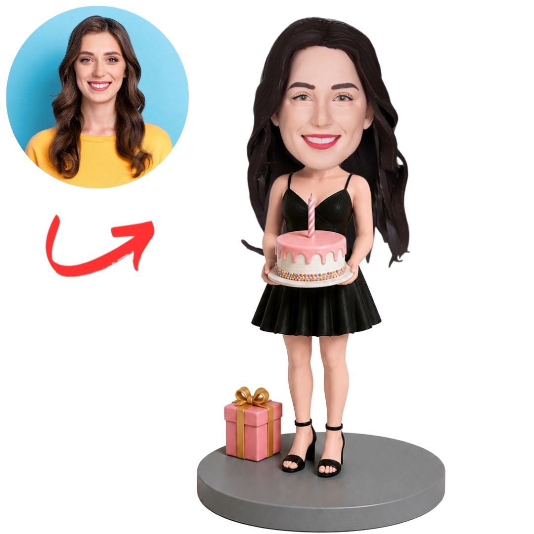 Birthday Girl in Black Dress Holding Cake Custom Bobblehead