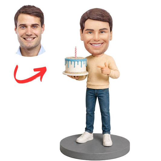 Birthday Man Holding Blue Cake with Thumbs Up Custom Bobblehead