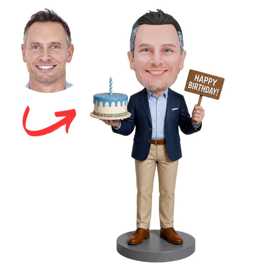 Birthday Man Holding Cake and Happy Birthday Sign Custom Bobblehead
