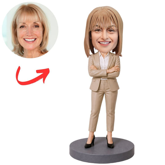 Businesswoman in Tan Suit with Arms Crossed Custom Bobblehead