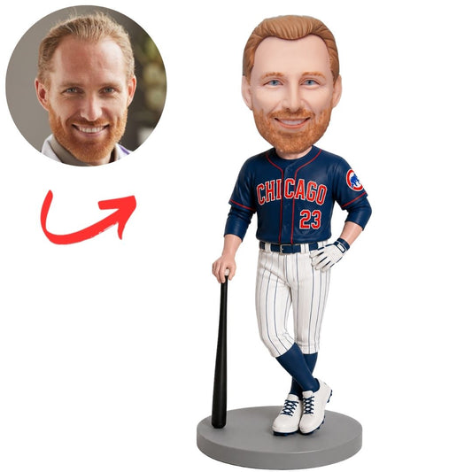 Chicago Cubs Baseball Player Leaning on Bat Custom Bobblehead