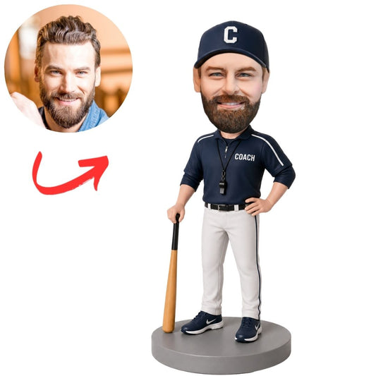Baseball Coach in Blue Cap Holding Bat Custom Bobblehead