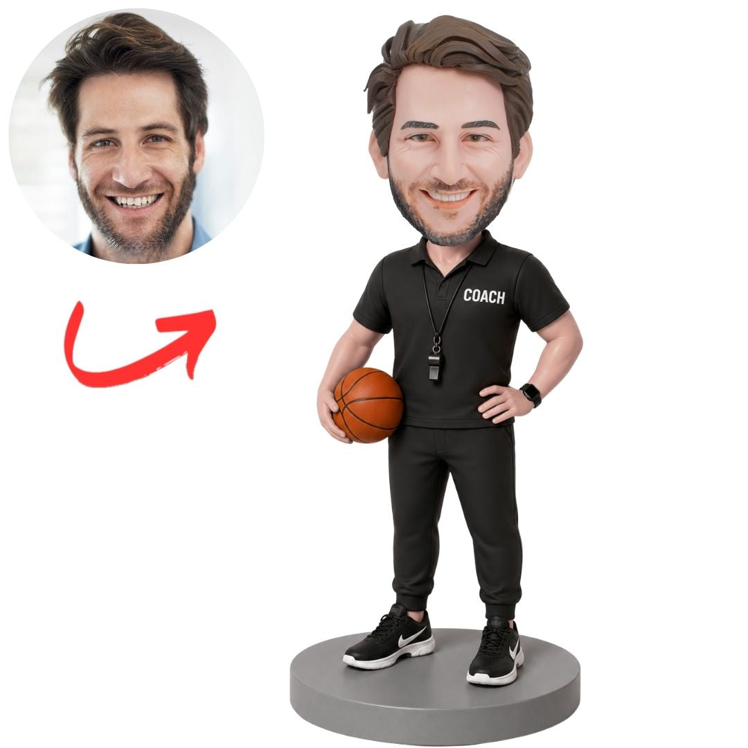 Coach in Black Polo Holding Basketball Custom Bobblehead