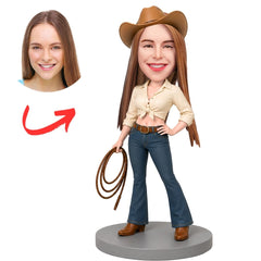 Cowgirl Holding Lasso in Western Outfit Custom Bobblehead