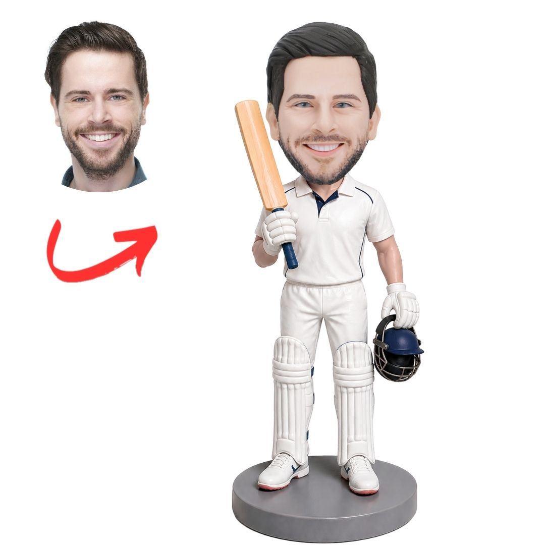 Cricket Player in White Uniform Holding Bat and Helmet Custom Bobblehead