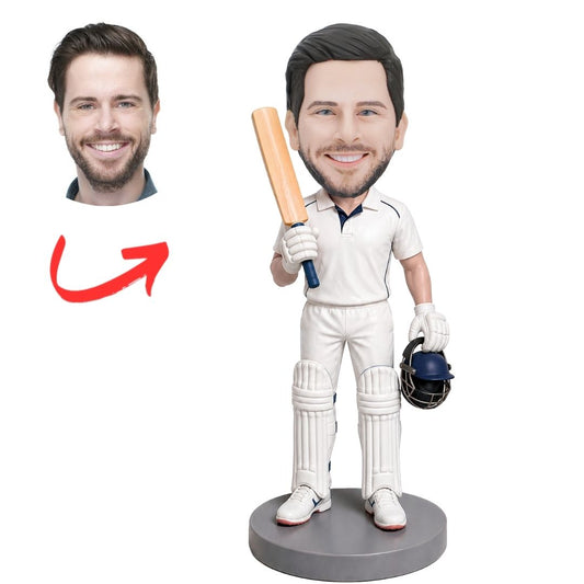 Cricket Player in White Uniform Holding Bat and Helmet Custom Bobblehead