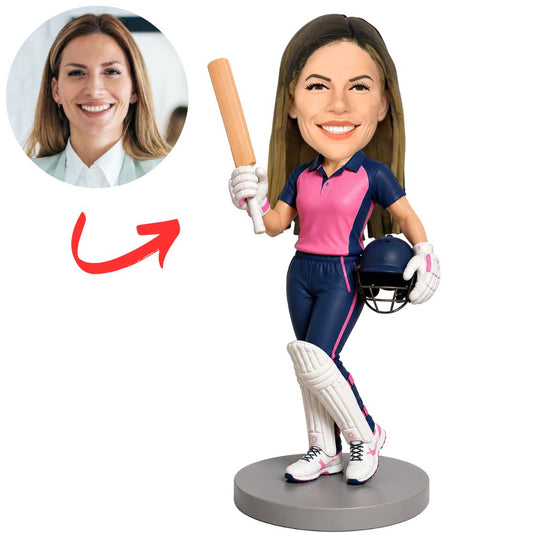 Woman Cricket Player in Pink Top Holding Bat and Helmet Custom Bobblehead