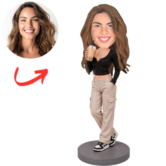 Woman in Black Top Holding Drink Custom Bobblehead