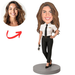 Female Pilot in White Shirt Holding Sunglasses Custom Bobblehead