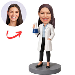 Female Scientist in Lab Coat Holding Flask Custom Bobblehead
