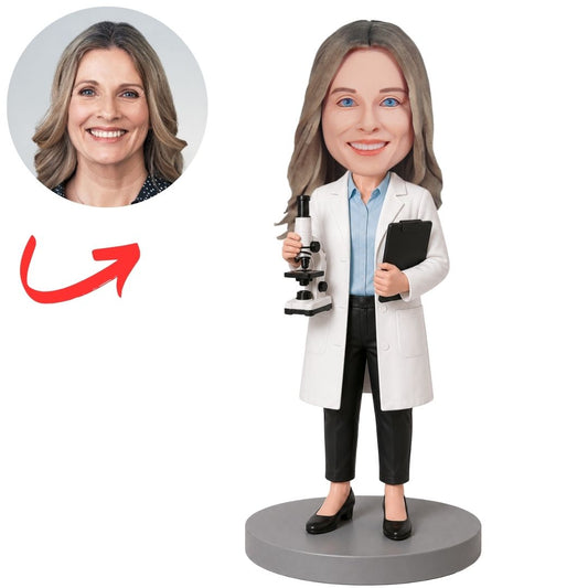 Female Scientist with Microscope and Lab Coat Custom Bobblehead