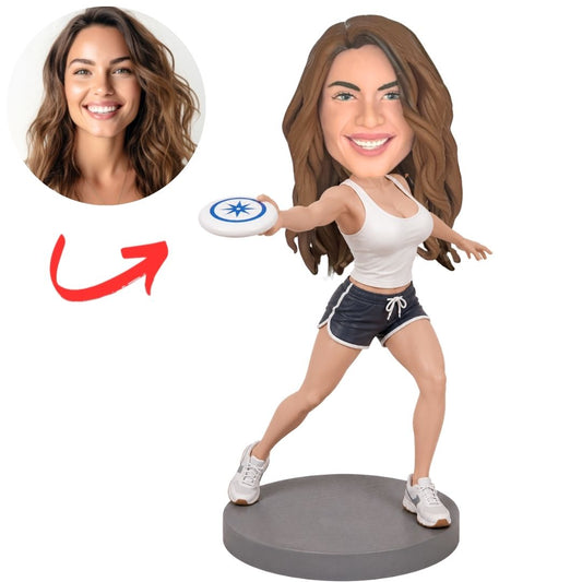 Woman Frisbee Player in Athletic Throwing Pose Custom Bobblehead