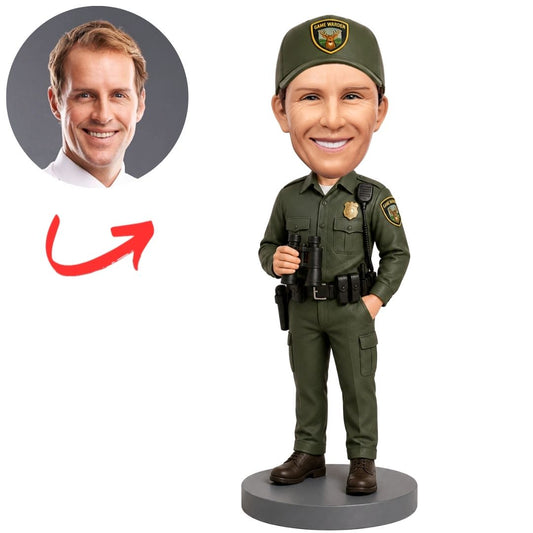 Game Warden in Green Uniform Holding Binoculars Custom Bobblehead