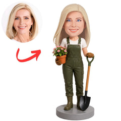 Gardener Holding Flower Pot and Shovel Custom Bobblehead