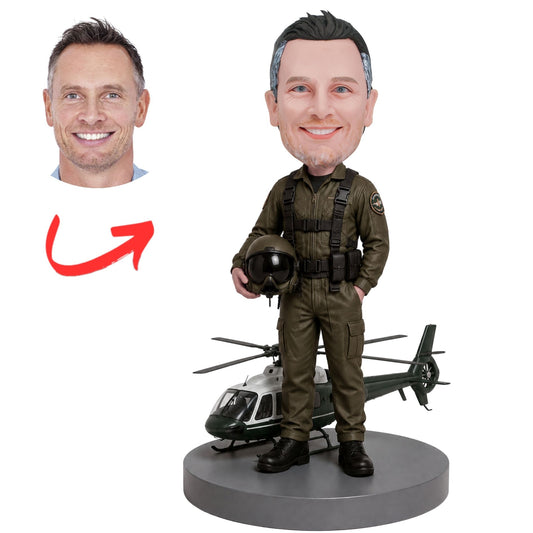 Helicopter Pilot in Flight Gear Beside Helicopter Custom Bobblehead