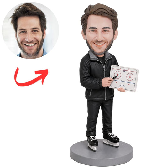 Hockey Coach Holding Strategy Board Custom Bobblehead