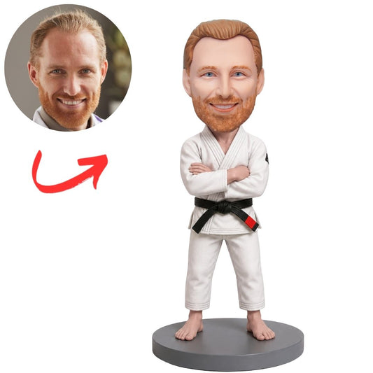 Jiu Jitsu Fighter in White Gi Arms Crossed Custom Bobblehead