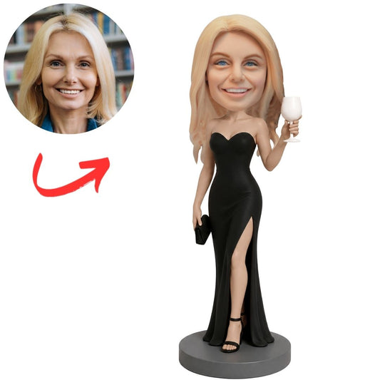 Elegant Lady in Black Slit Gown Holding Wine Glass Custom Bobblehead