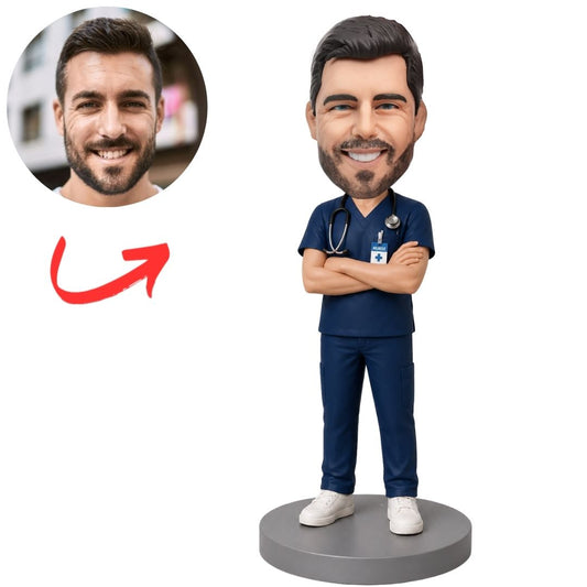 Male Nurse in Navy Scrubs with Arms Crossed Custom Bobblehead
