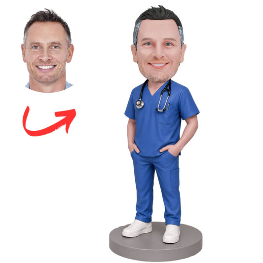 Male Nurse in Blue Scrubs with Stethoscope Custom Bobblehead
