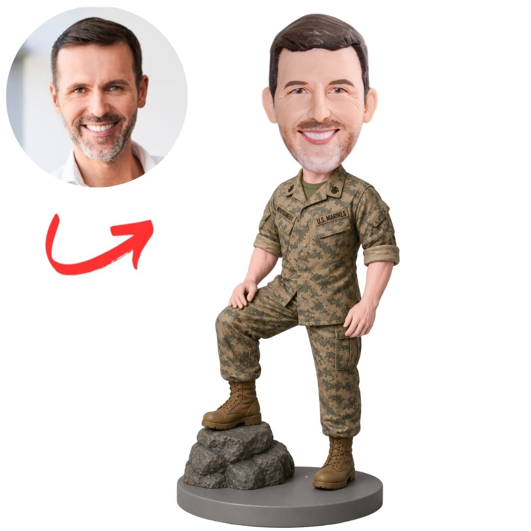 Marine in Camouflage Uniform on Rock Base Custom Bobblehead