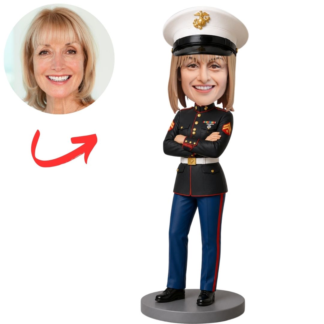 Female Marine in Dress Blue Uniform with Arms Crossed Custom Bobblehead