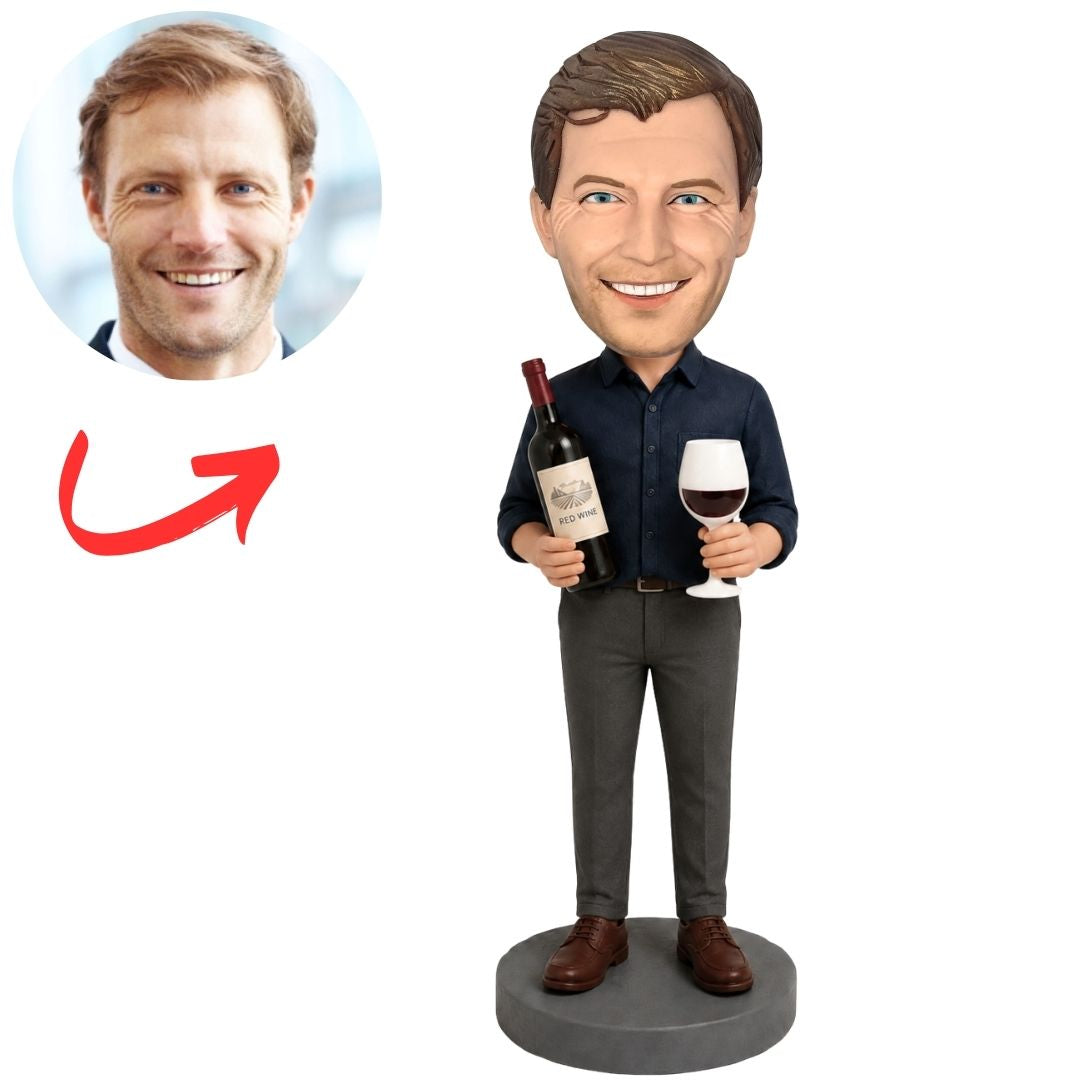 Wine Lover in Navy Shirt Holding Red Wine Bottle Custom Bobblehead
