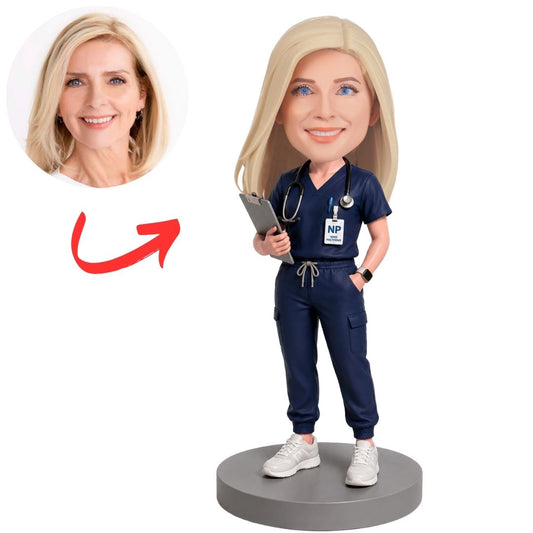 Nurse Practitioner in Navy Scrubs Holding Clipboard Custom Bobblehead