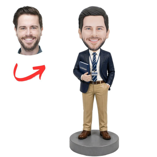 School Principal in Blazer Holding Tie Custom Bobblehead