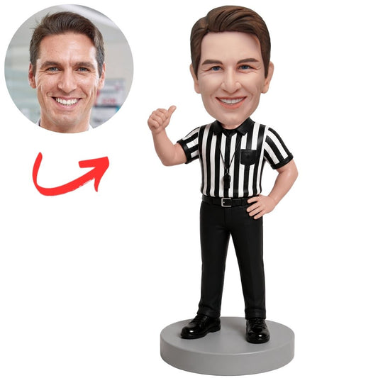Referee in Striped Shirt Signaling Call Custom Bobblehead