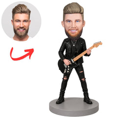 Rock Guitarist in Black Outfit Playing Electric Guitar Custom Bobblehead