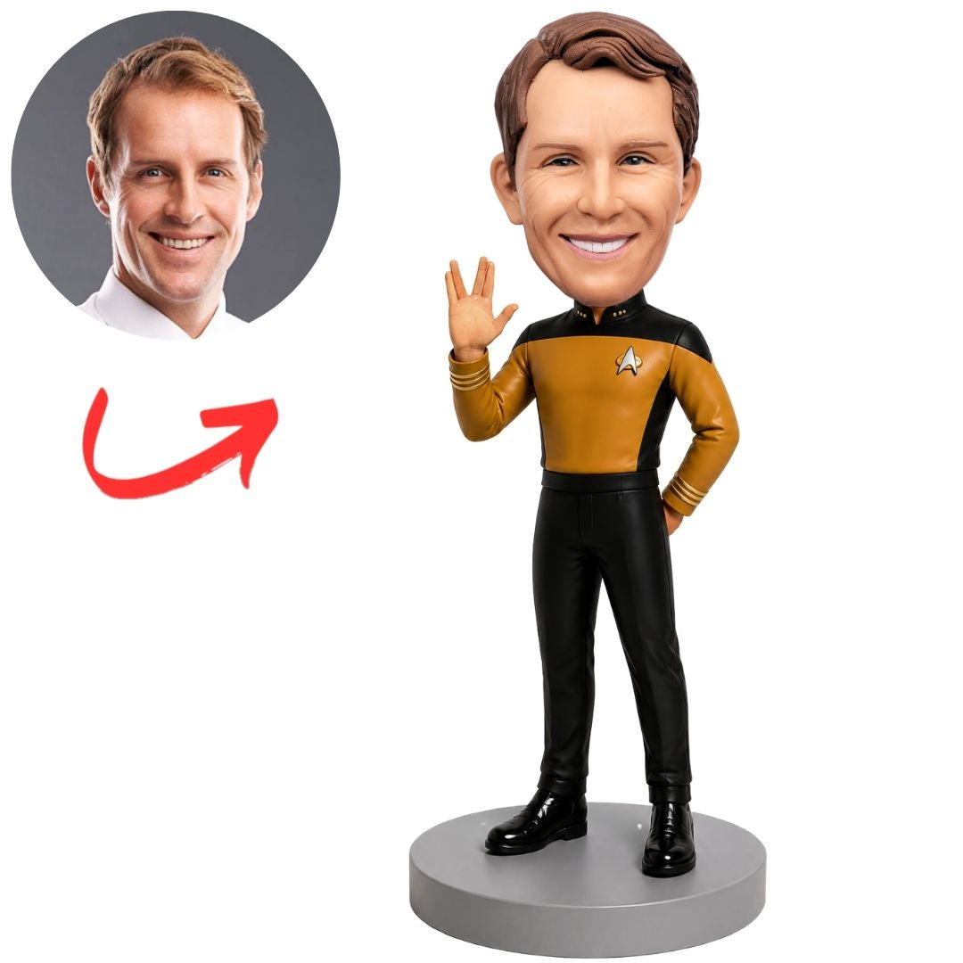 Star Trek Officer in Yellow Uniform Giving Vulcan Salute Custom Bobblehead