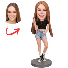 Teen Girl in Black Top and Denim Shorts Peace Sign Custom Bobblehead