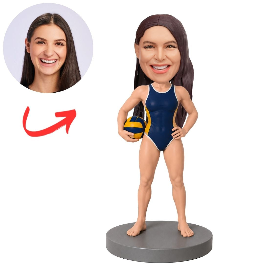 Woman Water Polo Player in Navy Suit Holding Ball Custom Bobblehead