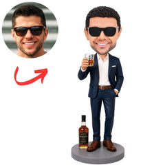Whiskey Lover in Navy Suit Holding Glass Custom Bobblehead
