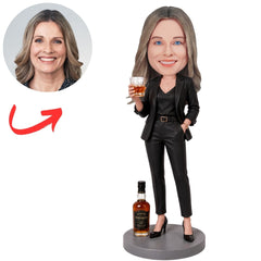 Woman Whiskey Lover in Black Suit Holding Glass Custom Bobblehead