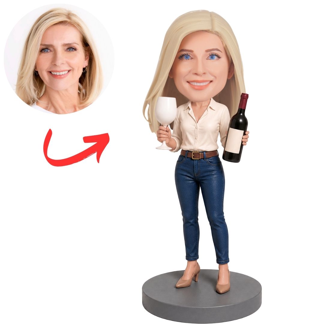Wine Lover in White Shirt Holding Glass and Bottle Custom Bobblehead