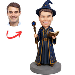 Wizard in Blue Robe Holding Staff and Book Custom Bobblehead