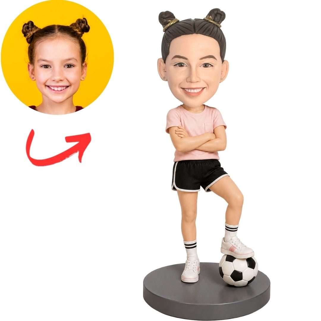 Child Girl in Pink Top and Black Shorts with Soccer Ball Custom Bobblehead