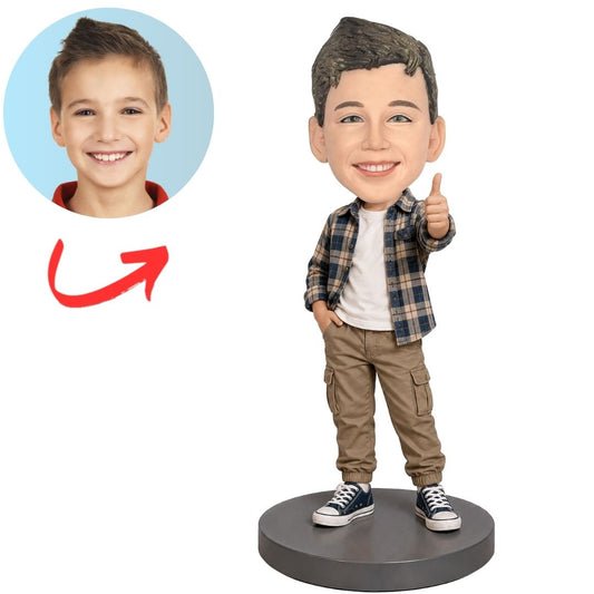 Child Boy in Plaid Shirt Giving Thumbs Up Custom Bobblehead