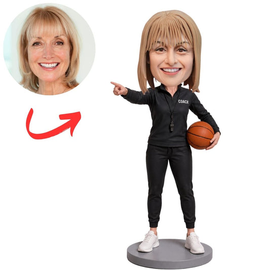 Female Basketball Coach Pointing with Ball Custom Bobblehead