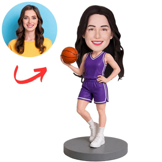 Female Basketball Player in Purple Uniform Holding Ball Custom Bobblehead